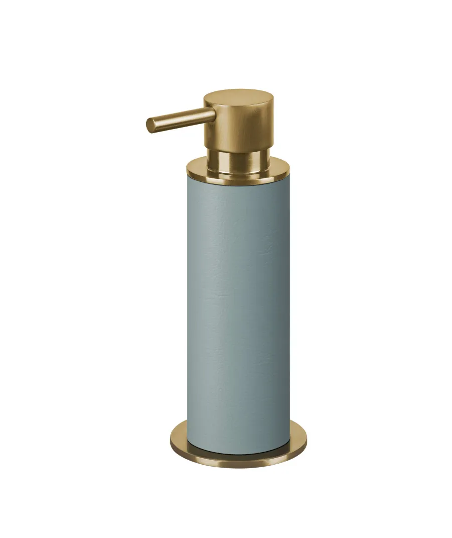 obrazek 1 Stylowy złocony dozownik Ø7xH19 cm ze skórzanym jasnoniebieskim korpusem