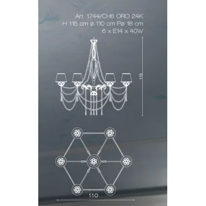 Zdjęcie Żyrandol z 6 światłami z odlewu mosiądzu z przezroczystymi kryształami i dwuwarstwowymi kloszami – Il Paralume Marina