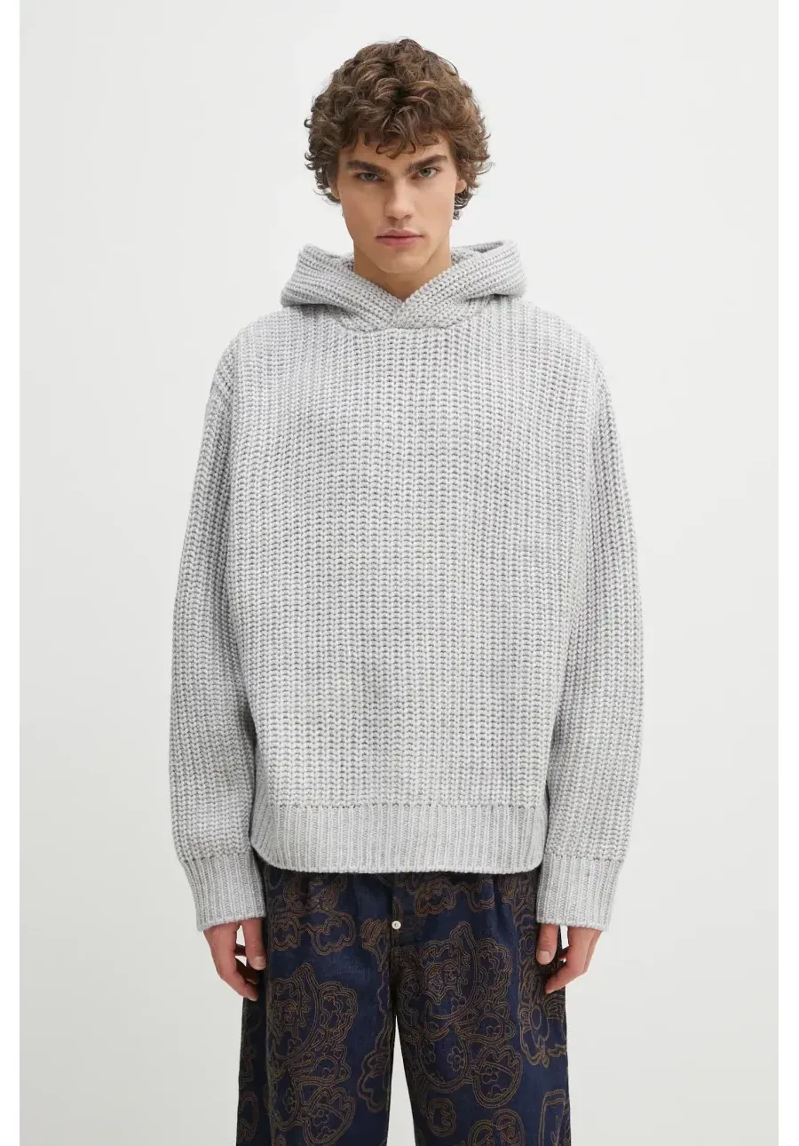 obrazek 1 MKI MIYUKI ZOKU sweter z domieszką wełny Chunky Rib Knit Hoody męski kolor szary ciepły CHUNKY.RIB.KNIT.HOODY.G