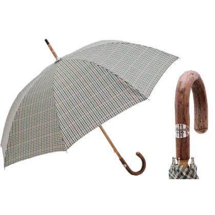 Picture Classic men's umbrella with a fine check pattern and an ash handle - Pasotti