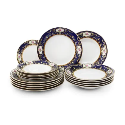 Zdjęcie Luksusowy klasyczny 18-elementowy komplet porcelanowych talerzy zdobiony motywem róż - Leander