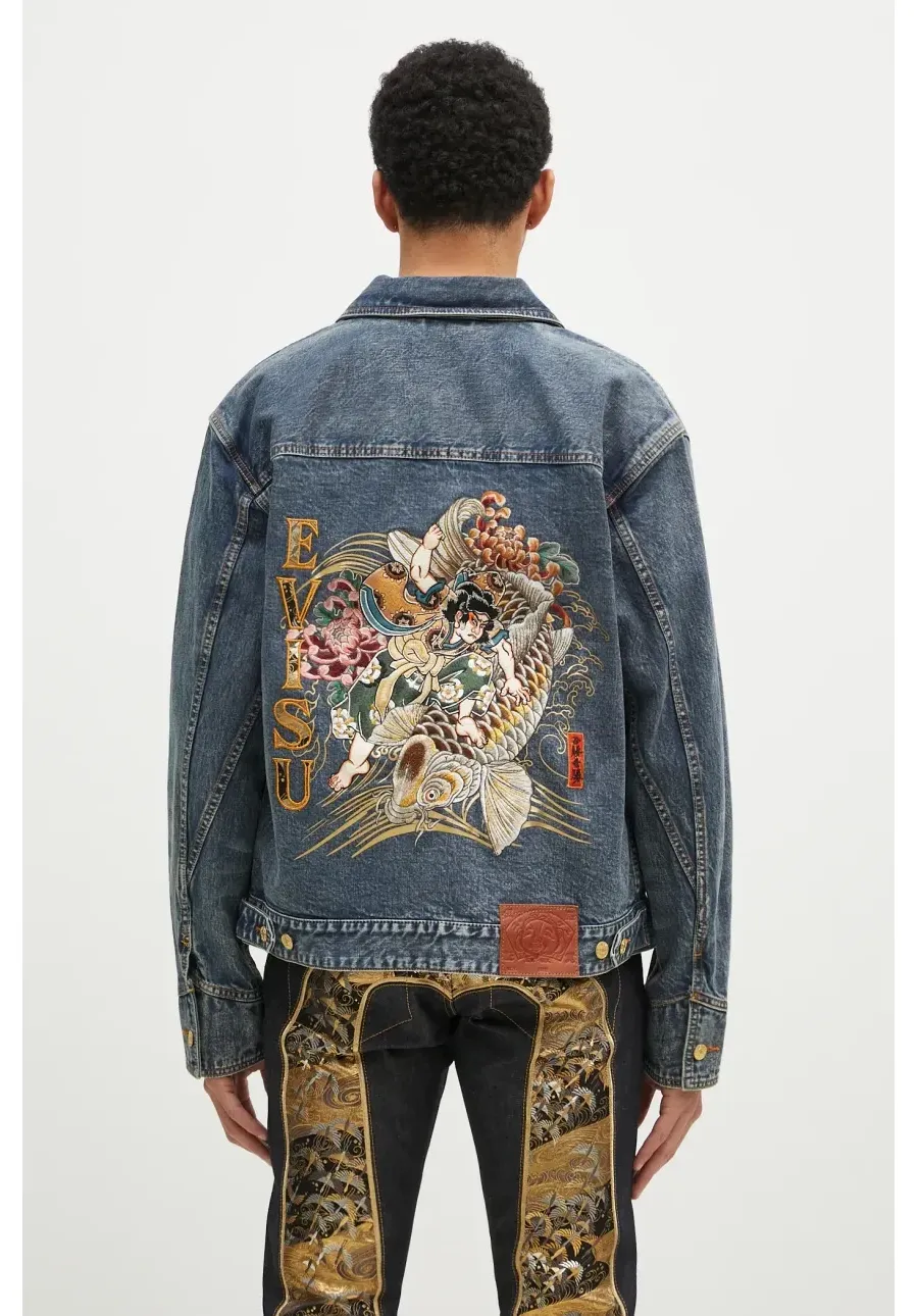 obrazek 1 Evisu kurtka jeansowa Brocade Appliqué & Carp Emb męska kolor granatowy przejściowa oversize 2EAHTM4DJ7001