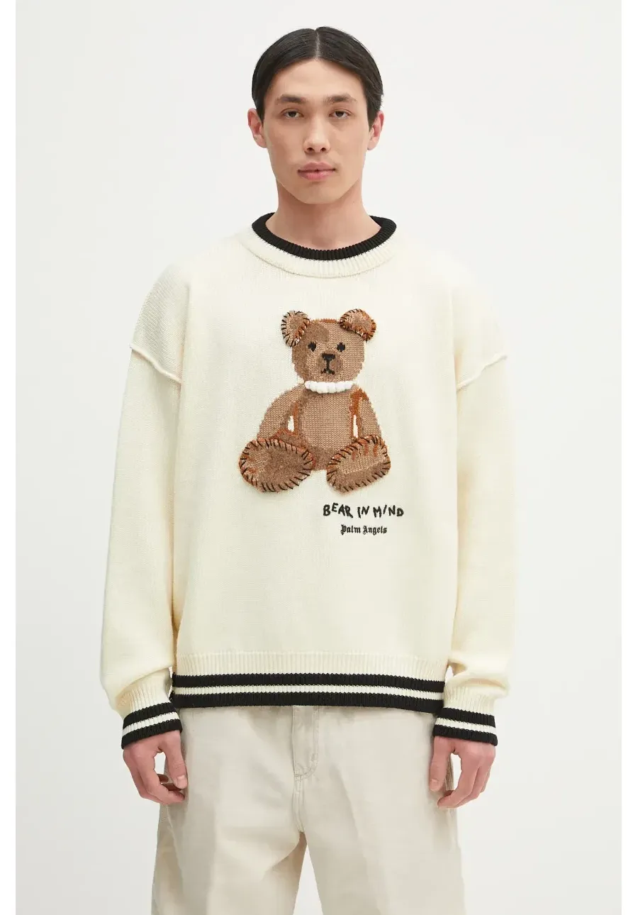 obrazek 1 Palm Angels sweter wełniany Bear In Mind męski kolor beżowy PMHE007S25KNI0010360