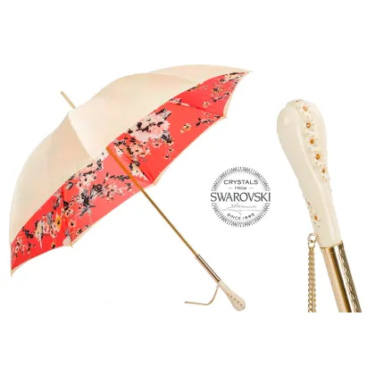 Zdjęcie Piękny parasol damski w kolorze kości słoniowej zdobiony motywem kwiatowym z rączką z kryształkami Swarovskiego - Pasotti
