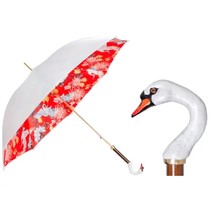 Zdjęcie Piękny stylowy biało czerwony parasol damski zdobiony pięknym motywem z rączką zdobioną głową łabędzia – Pasotti