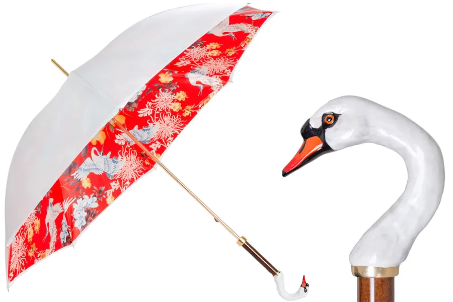 obrazek 1 Piękny stylowy biało czerwony parasol damski zdobiony pięknym motywem z rączką zdobioną głową łabędzia – Pasotti