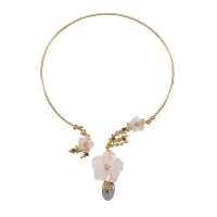 Picture 18K Gold Plated Silver Necklace White Cubic Zirconias Natural Sapphire Blue Hydrothermal Oval Quartz Stones White Satin Crystal Flowers