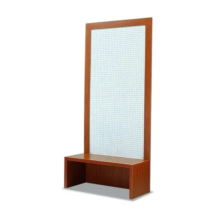 Picture Shop panel made of perforated sheet metal with a long wooden bench