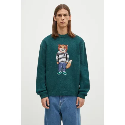 Zdjęcie Maison Kitsuné sweter wełniany Dressed Fox Intarsia męski kolor zielony lekki NM00809KH0002