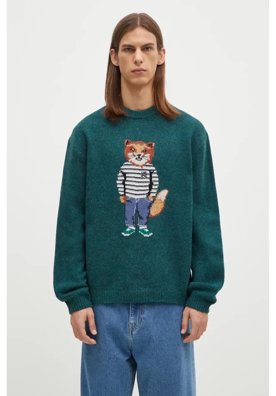 obrazek 1 Maison Kitsuné sweter wełniany Dressed Fox Intarsia męski kolor zielony lekki NM00809KH0002