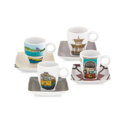 Picture Set of 4 porcelain coffee cups with saucers - Vista Alegre