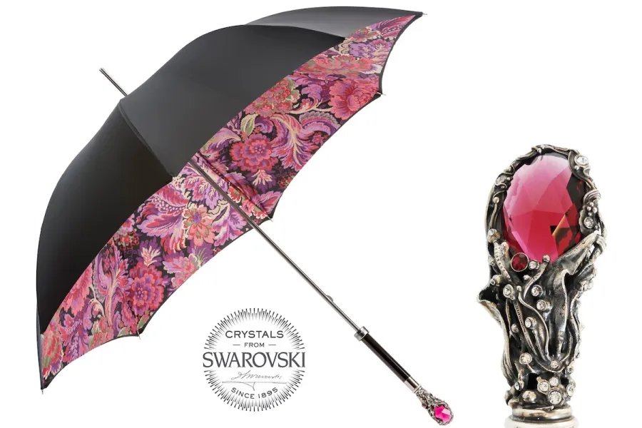 obrazek 1 Elegancki czarny parasol damski zdobiony pięknym motywem kwiatowym z bogato zdobioną rączką z klejnotami - Pasotti