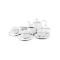 Zdjęcie Piękny 11-elementowy zestaw do herbaty z porcelany w kolorze niebieskim zdobiony subtelnym motywem – Leander