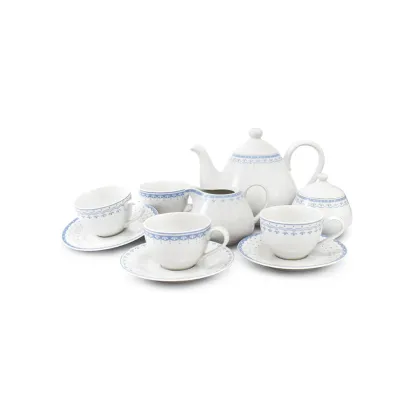 Zdjęcie Piękny 11-elementowy zestaw do herbaty z porcelany w kolorze niebieskim zdobiony subtelnym motywem – Leander