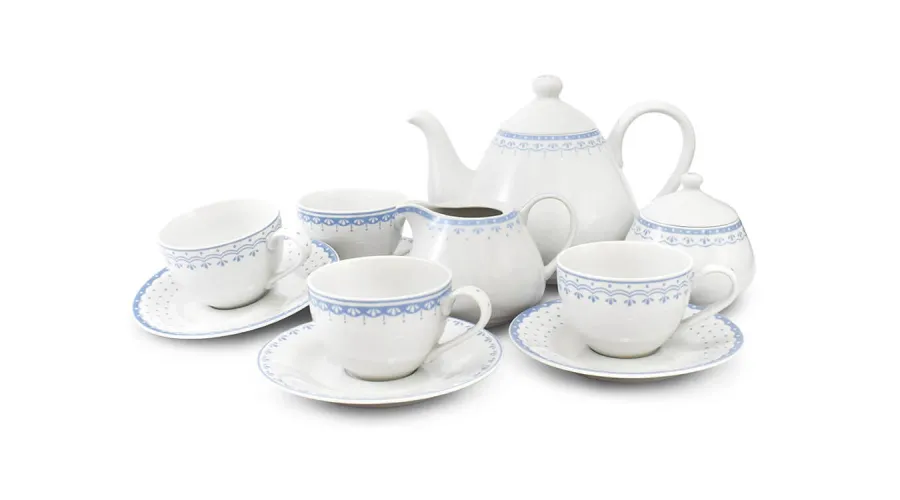 obrazek 1 Piękny 11-elementowy zestaw do herbaty z porcelany w kolorze niebieskim zdobiony subtelnym motywem – Leander