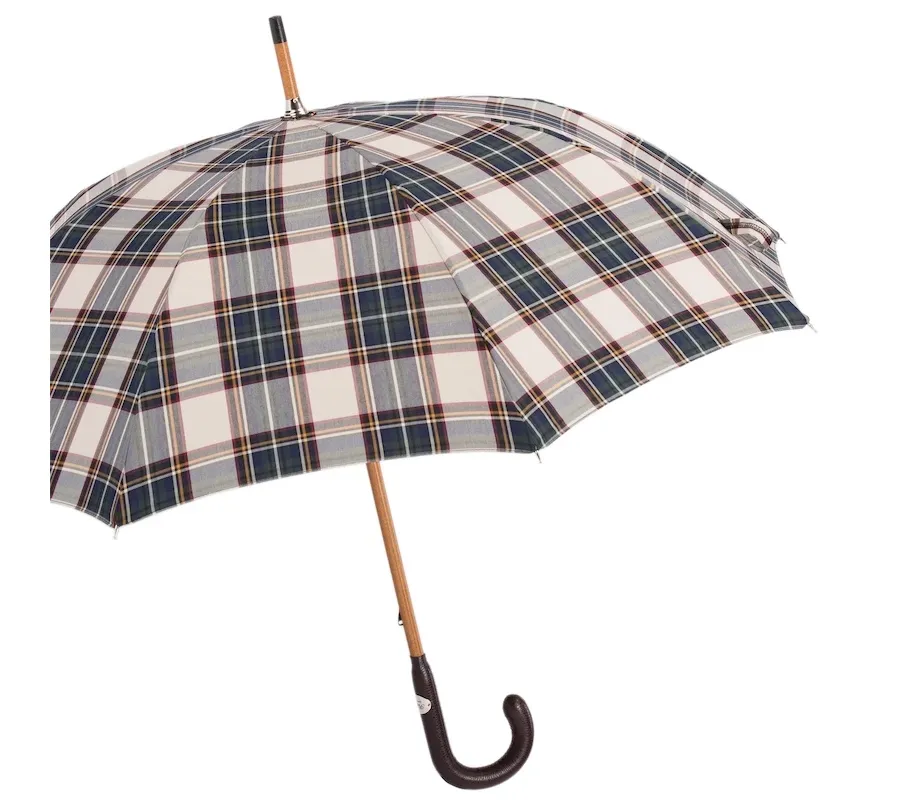 obrazek 8 Klasyczny parasol męski w kratę z piękną skórzaną rączką - Pasotti