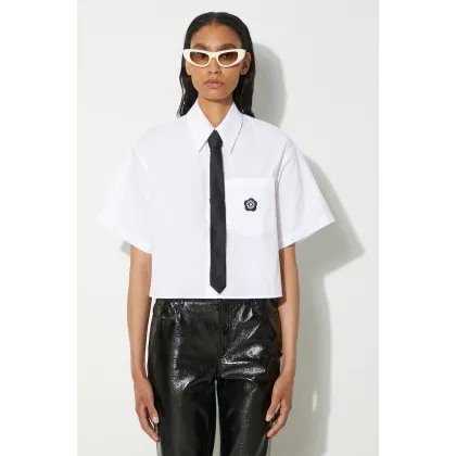 Zdjęcie Kenzo koszula bawełniana Boke Flower 2.0 Cropped Shirt damska kolor biały relaxed z kołnierzykiem klasycznym FE52CH2469LH.01