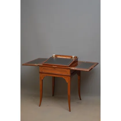 Zdjęcie Wysokiej jakości edwardiański stół do pisania z mahoniu i satyny, z inkrustowanym blatem - antyk