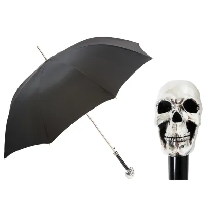 Picture Stylish black men's umbrella with a handle in the shape of a silver skull - Pasotti