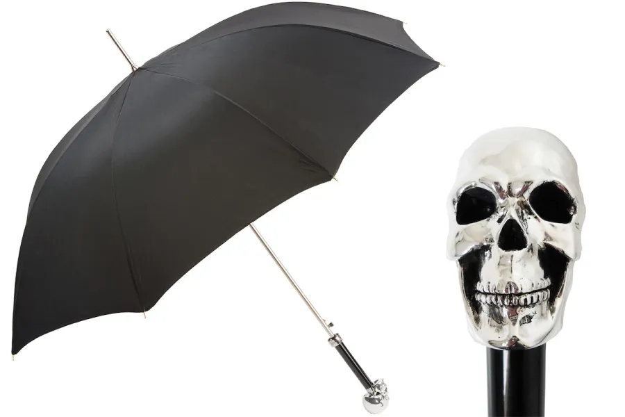 obrazek 1 Stylowy czarny parasol męski z rączką w kształcie srebrnej czaszki - Pasotti