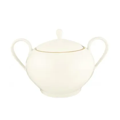 Zdjęcie Kremowa porcelanowa waza z pokrywką zdobiona złotą obwódką w stylu klasycznym – Tettau