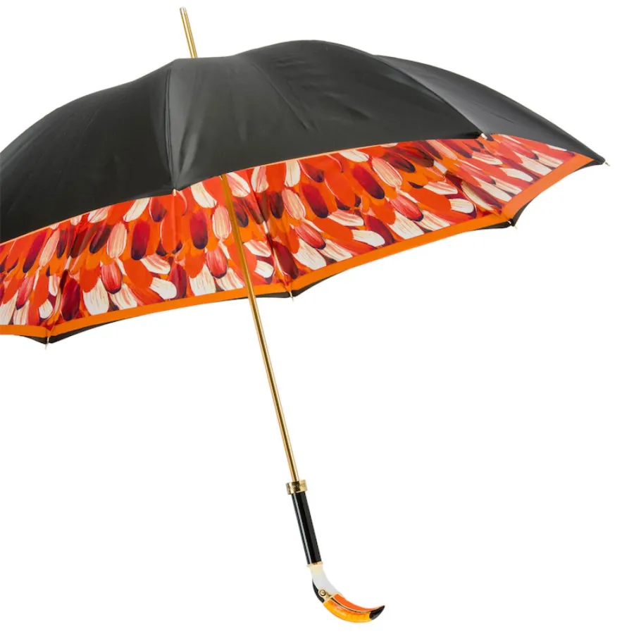 obrazek 8 Oryginalny czarno pomarańczowy parasol damski z piękną rączką zdobioną głową tukana – Pasotti