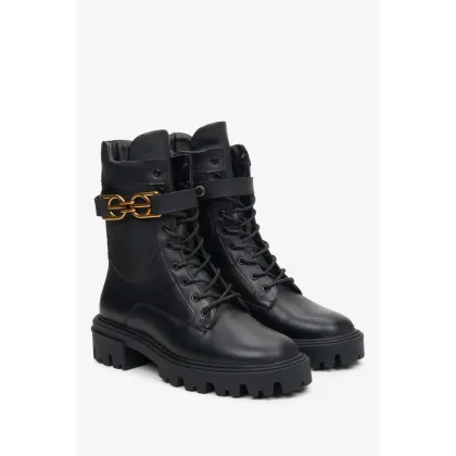 Zdjęcie Estro: Czarne botki damskie ze skóry naturalnej ze złotym ornamentem