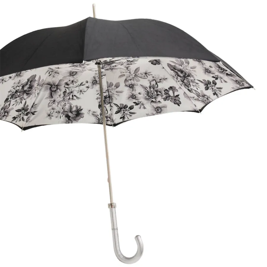 obrazek 7 Elegancki czarno-srebrny parasol damski zdobiony pięknym motywem kwiatów – Pasotti