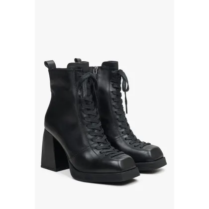 Zdjęcie Estro: Czarne botki damskie na słupku ze skóry naturalnej z ozdobnym sznurowaniem