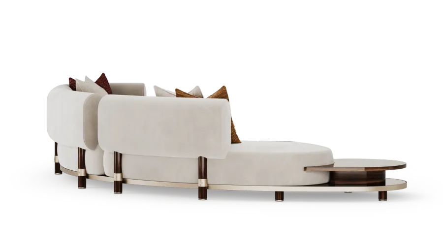 obrazek 5 Wyjątkowa tapicerowana sofa ze zintegrowanym stolikiem bocznym, wykonana z solidnej drewnianej konstrukcji z wyrafinowanymi metalowymi detalami