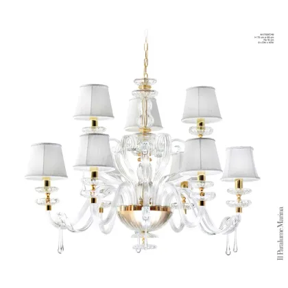 Zdjęcie Żyrandol 9-świetlny z przezroczystego szkła Murano z jasnymi kloszami w kolorze kości słoniowej - Il Paralume Marina