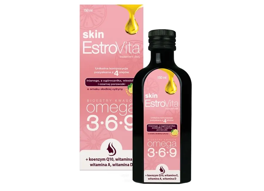 obrazek 1 Estrovita Skin, Smak cytrynowy, Kwasy omega-3-6-9, Płyn  150 ml