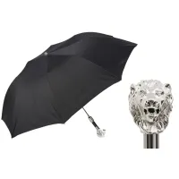 Picture Elegant black men's umbrella with a handle in the shape of a lion's head - Pasotti
