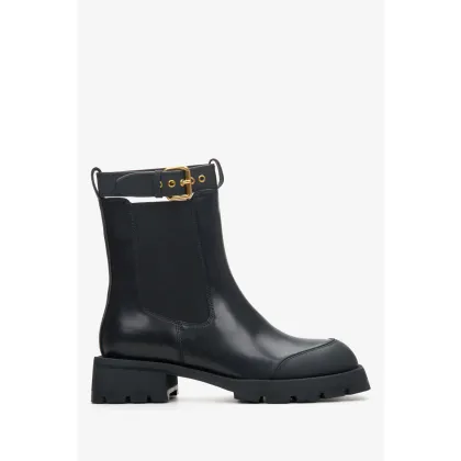 Zdjęcie Estro: Czarne sztyblety damskie ze skóry naturalnej z ozdobnym pasem