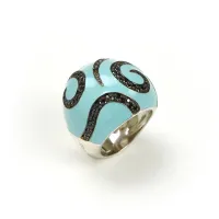 Zdjęcie Stylowy pierścionek Srebro rodowane Czarne cyrkonie Niebieska emalia