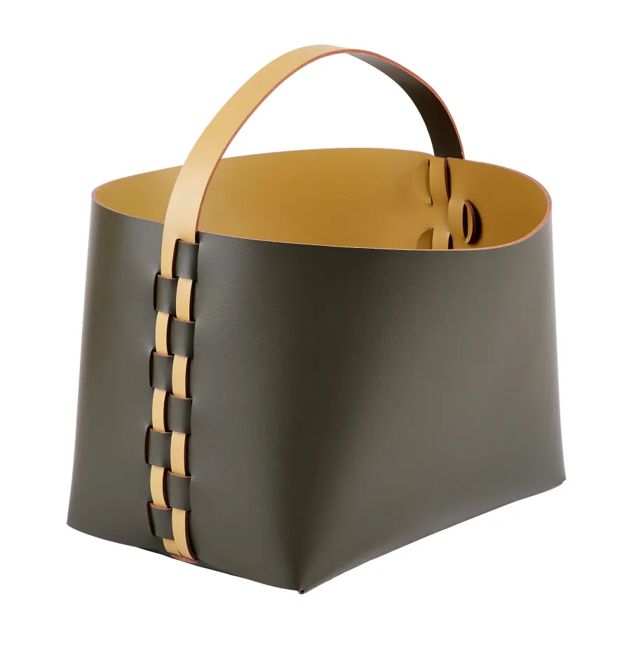 picture 1 Dark olive leather Helena basket with handle 35x30xH26 cm