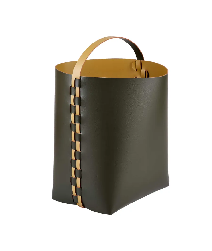 obrazek 1 Ciemnooliwkowy skórzany kosz Helena 35x30xH45 cm