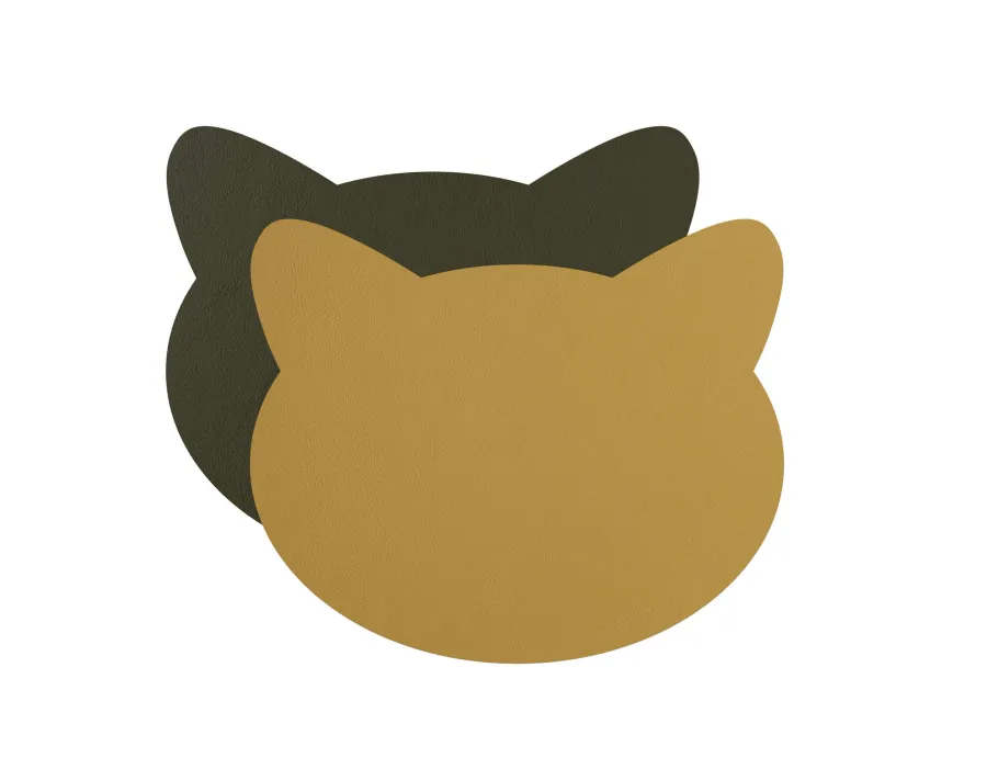 obrazek 1 Stylowa podkładka na stół 12x12 cm - głowa kota wykonana ze skóry w kolorze musztardowym i oliwkowym