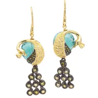 Picture Italian Earrings Silver plated with 18kt yellow gold Colorful zircons Green obsidian