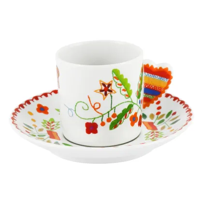 Picture Vila Verde porcelain coffee cup and saucer with a motif referring to Valentine's Day handkerchiefs - Vista Alegre