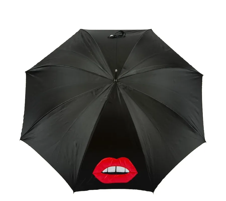 obrazek 3 Stylowy czarno biały parasol damski w czarne kropki zdobiony motywem ust – Pasotti
