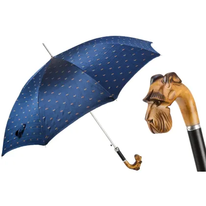 Picture A unique dark blue men's umbrella decorated with a fine pattern and a carved handle in the shape of a schnauzer's head - Pasotti