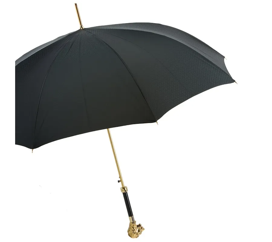 obrazek 9 Elegancki czarny parasol męski z rączką w kształcie złotej głowy lwa - Pasotti