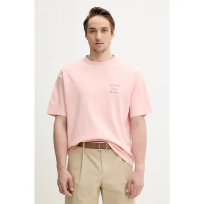 Zdjęcie Drôle de Monsieur t-shirt bawełniany Le T-Shirt Slogan Cursive męski kolor różowy z nadrukiem G-TS209-CO002-LPI
