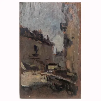 Picture Urban landscape with a monument painted in oil on a walnut board