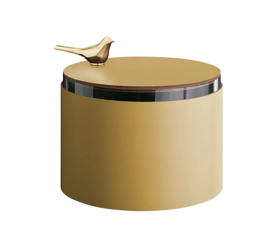 obrazek 1 Skórzane pudełko Ø15xH10 cm wykonane z naturalnej skóry w kolorze musztardowym