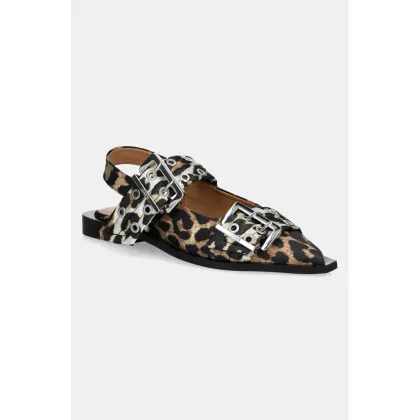 Zdjęcie GANNI baleriny Feminine Buckle Ballerina Satin Print kolor brązowy z odkrytą piętą S2947