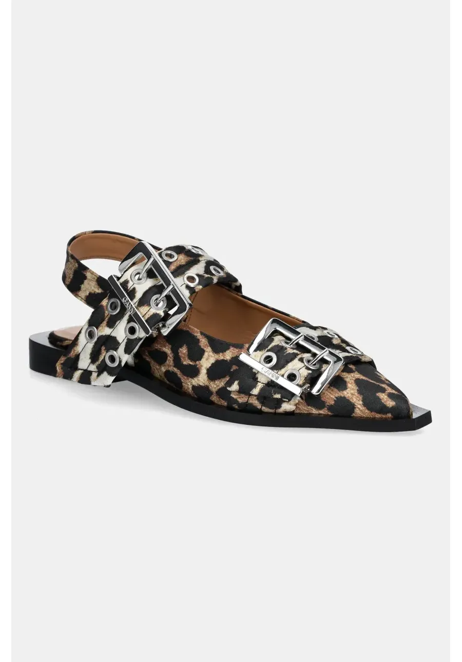 obrazek 1 GANNI baleriny Feminine Buckle Ballerina Satin Print kolor brązowy z odkrytą piętą S2947