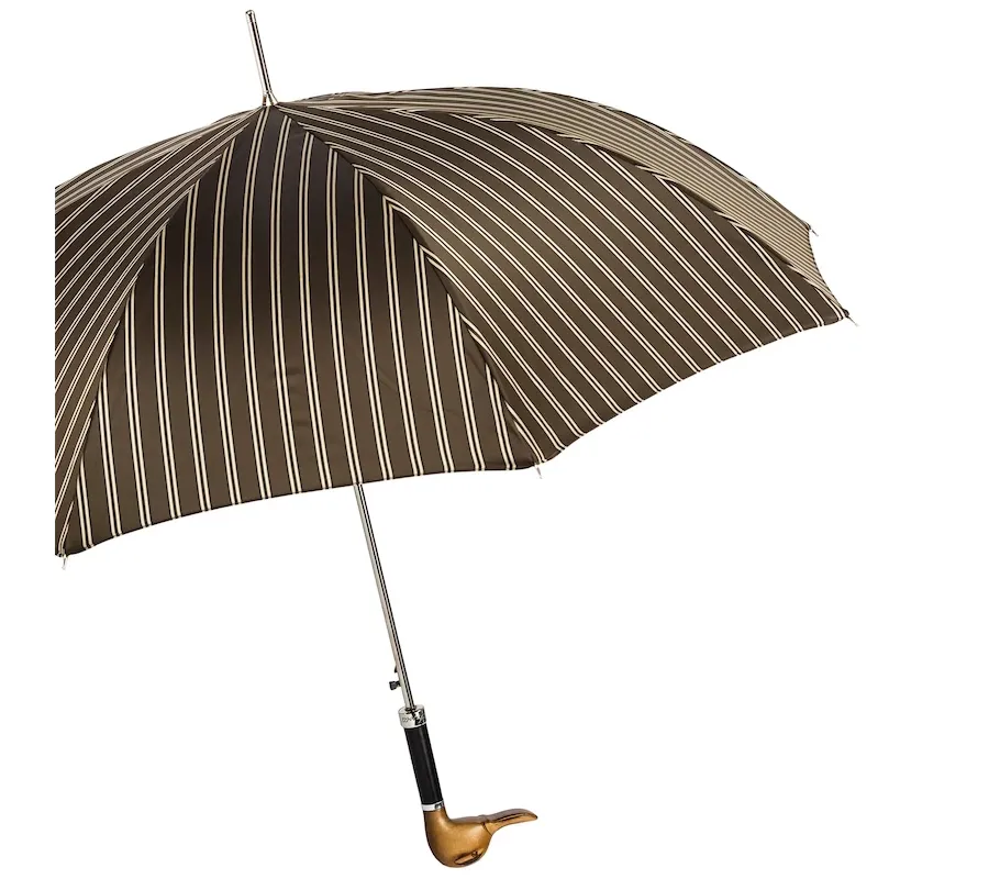 obrazek 8 Wyjątkowy brązowy parasol męski w paski z rączką w kształcie głowy kaczki - Pasotti