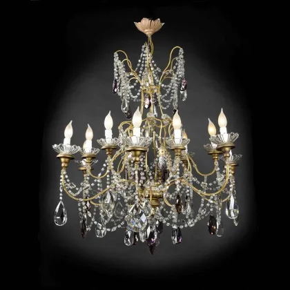 Zdjęcie Duży antyczny złoty żyrandol z dwunastoma światłami kryształowymi, w idealnym stanie, z początku XX wieku